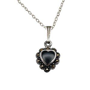 Sterling Silver Heart Pendant Necklace Black Onyx Stone  Marcasite Vintage